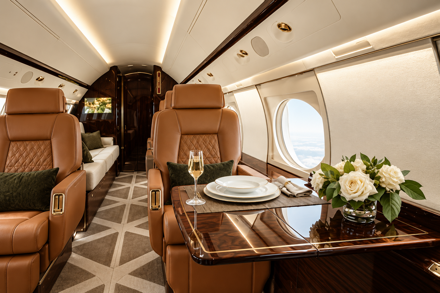 Cognac leather and ivory business jet cabin concept