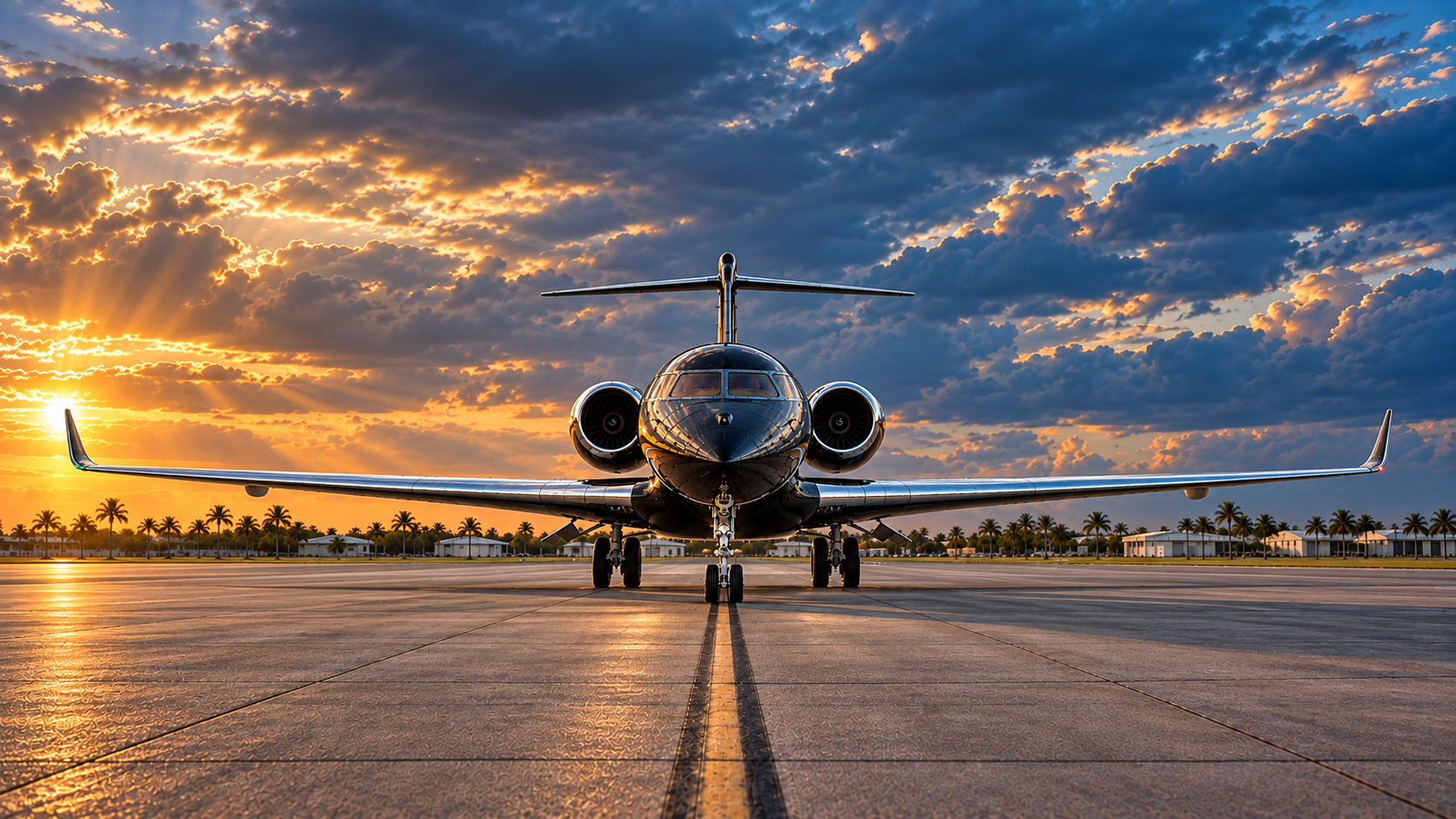 Business jet front view beneath a dramatic sunset sky