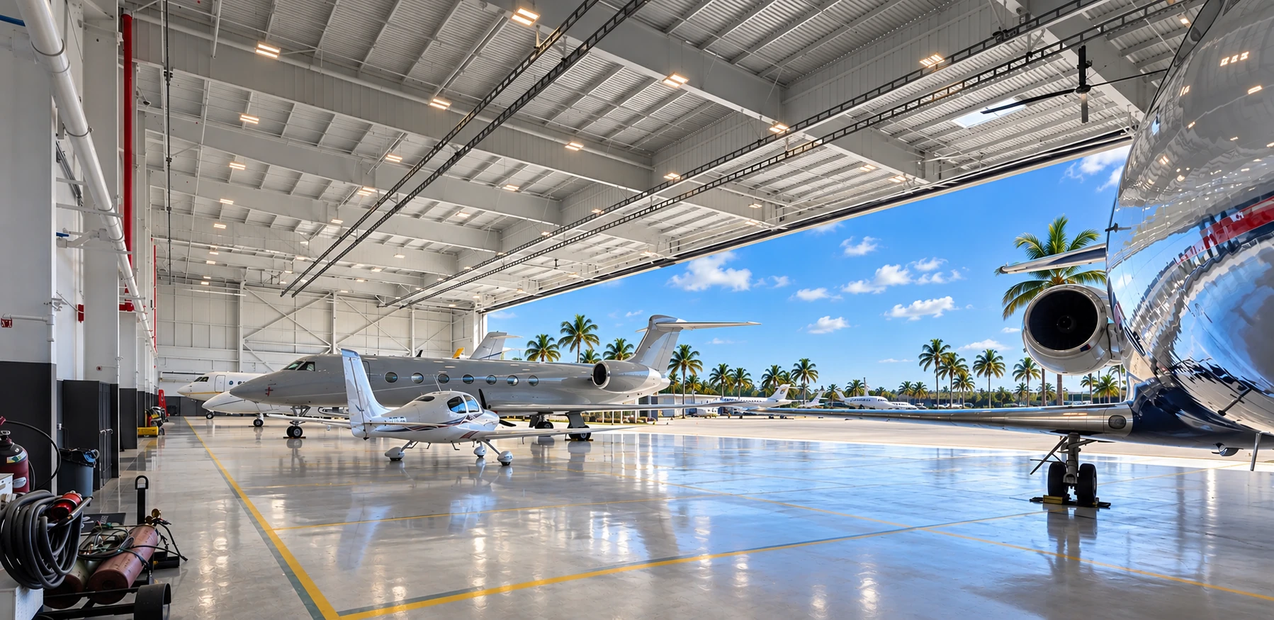 Aircraft inside a bright hangar with a reflective floor and an open apron beyond
