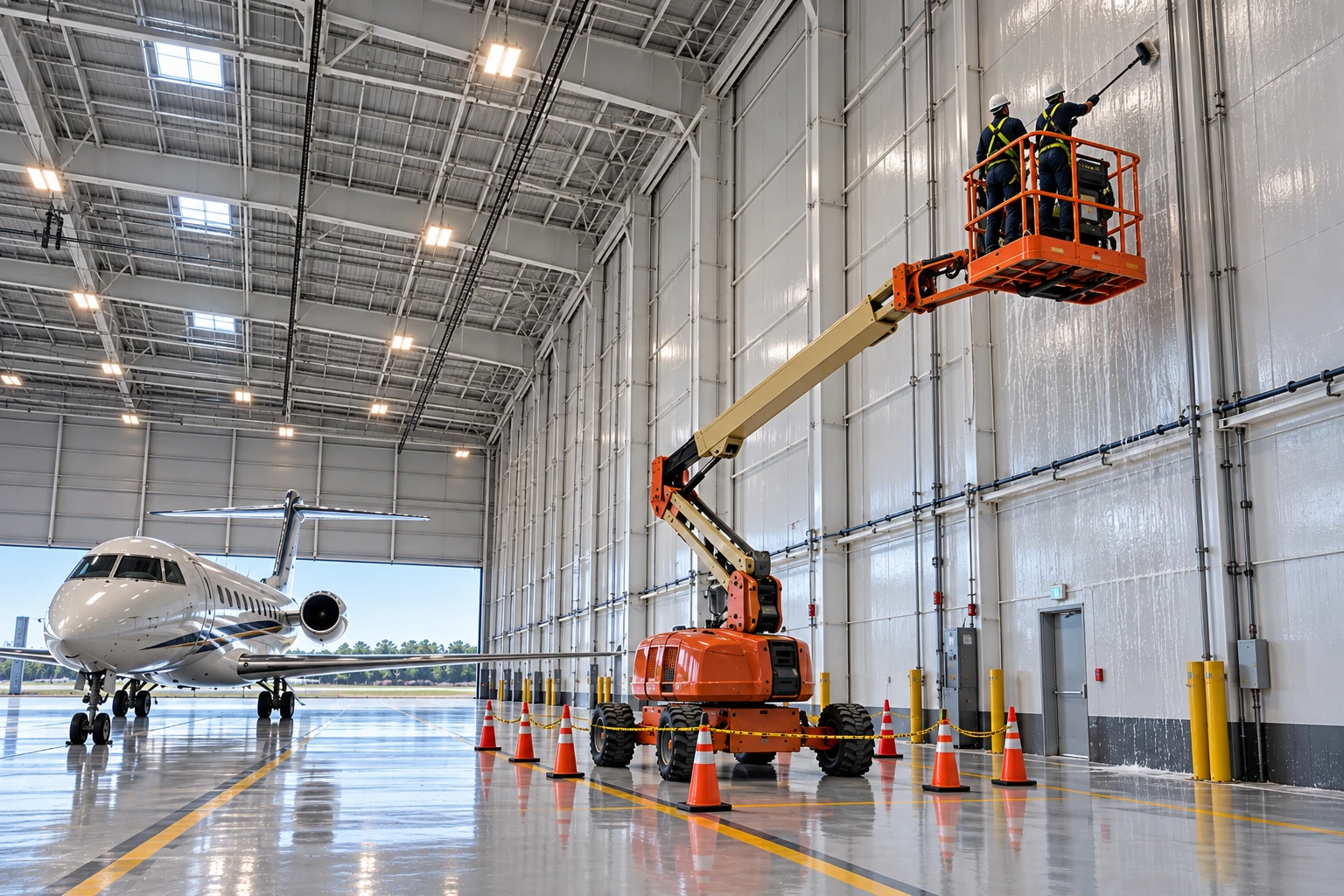 Two workers on a boom lift cleaning high hangar walls beside a parked aircraft