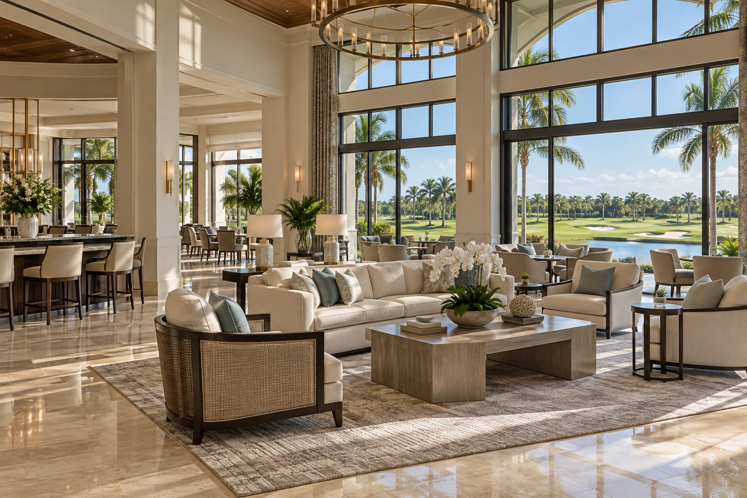Illustrative empty golf clubhouse lounge overlooking a palm-lined fairway