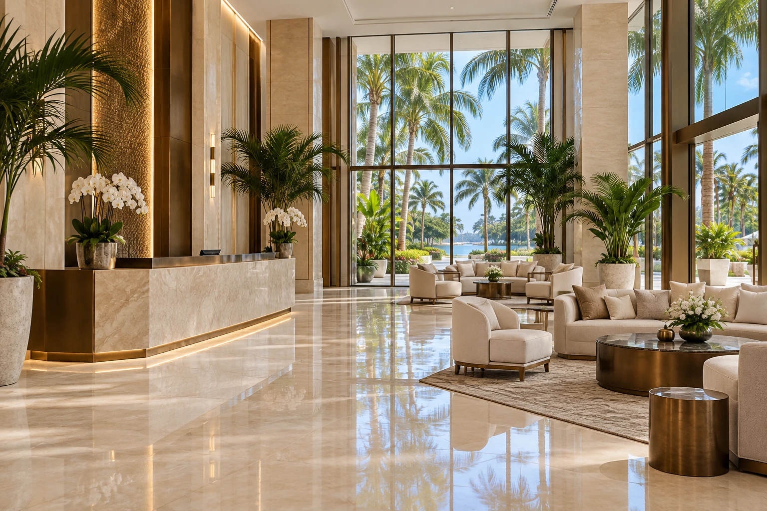 Illustrative luxury South Florida hotel lobby with polished stone floors and tropical views; no people