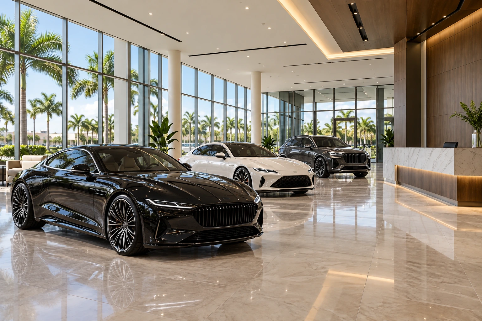 Illustrative luxury dealership with three unbranded premium cars, polished floors, and expansive glass; no people