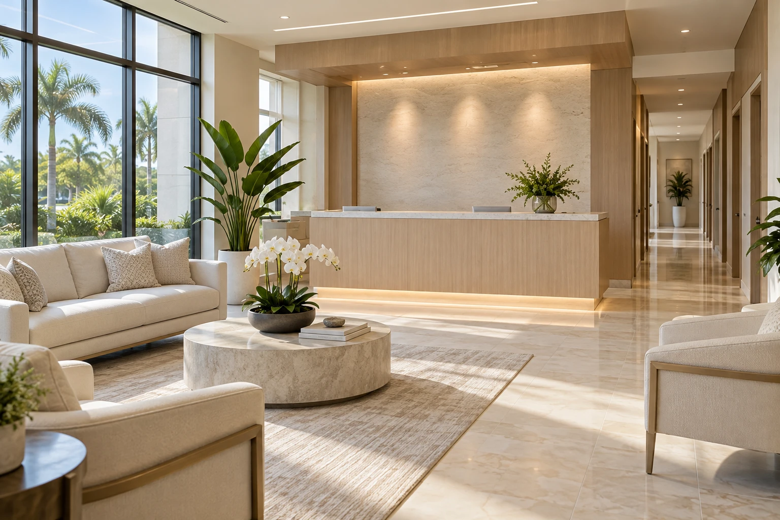 Illustrative empty modern doctors office reception and waiting room