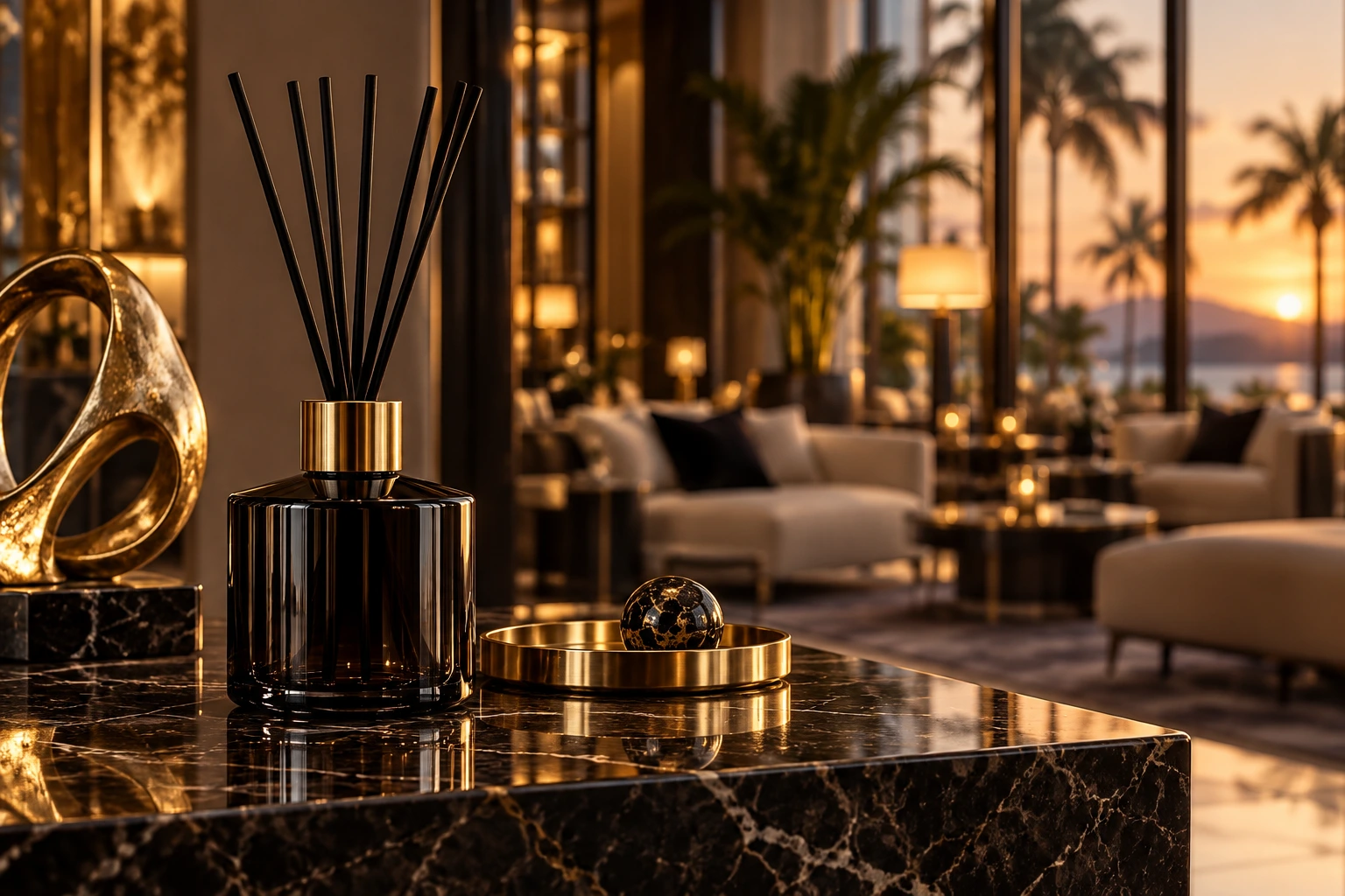 Illustrative black and gold fragrance vessel in an elegant hotel lounge at sunset