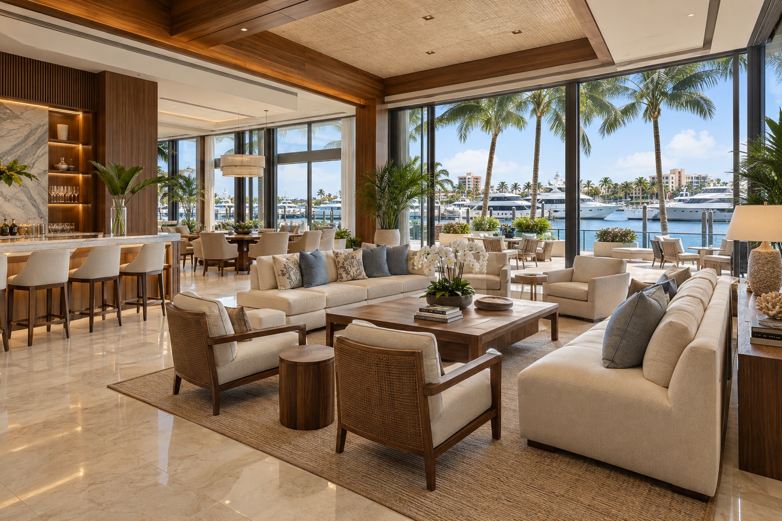 Illustrative empty waterfront yacht club lounge overlooking a marina